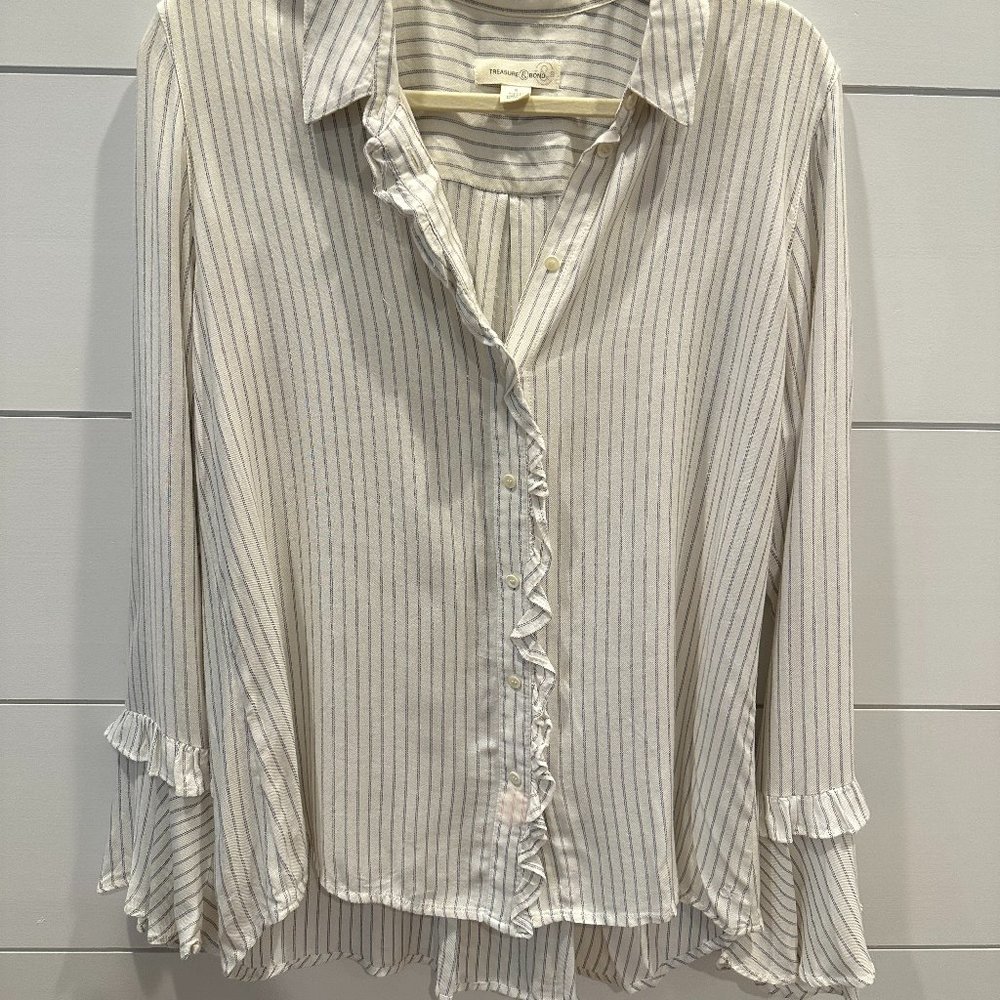 Treasure and Bond - White with blue stripes ruffle blouse - Size S